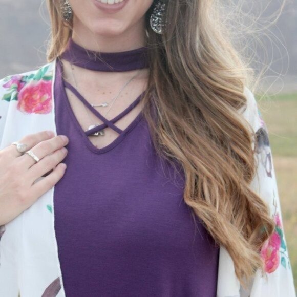 Zenana NWT Large Purple Choker Dress Plum Criss Cross Strappy Knee Length - Picture 5 of 9